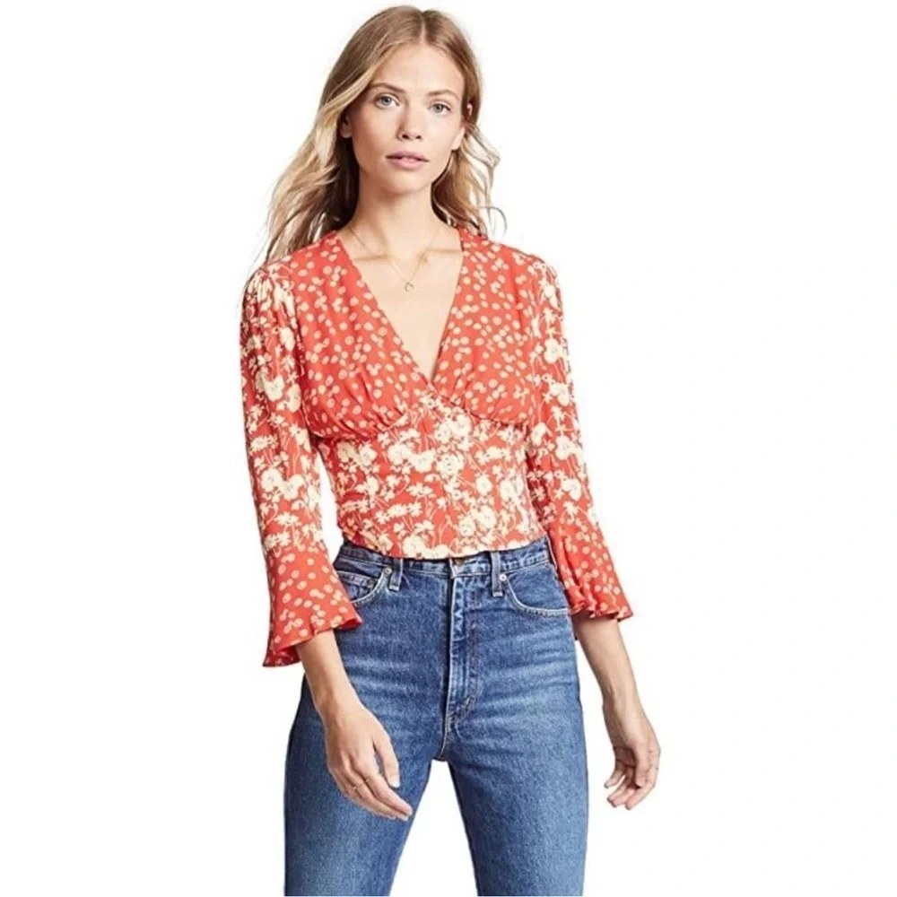 Free People Top Women’s XS Floral Lady Bohemian Crop Blouse Bell Sleeve DD